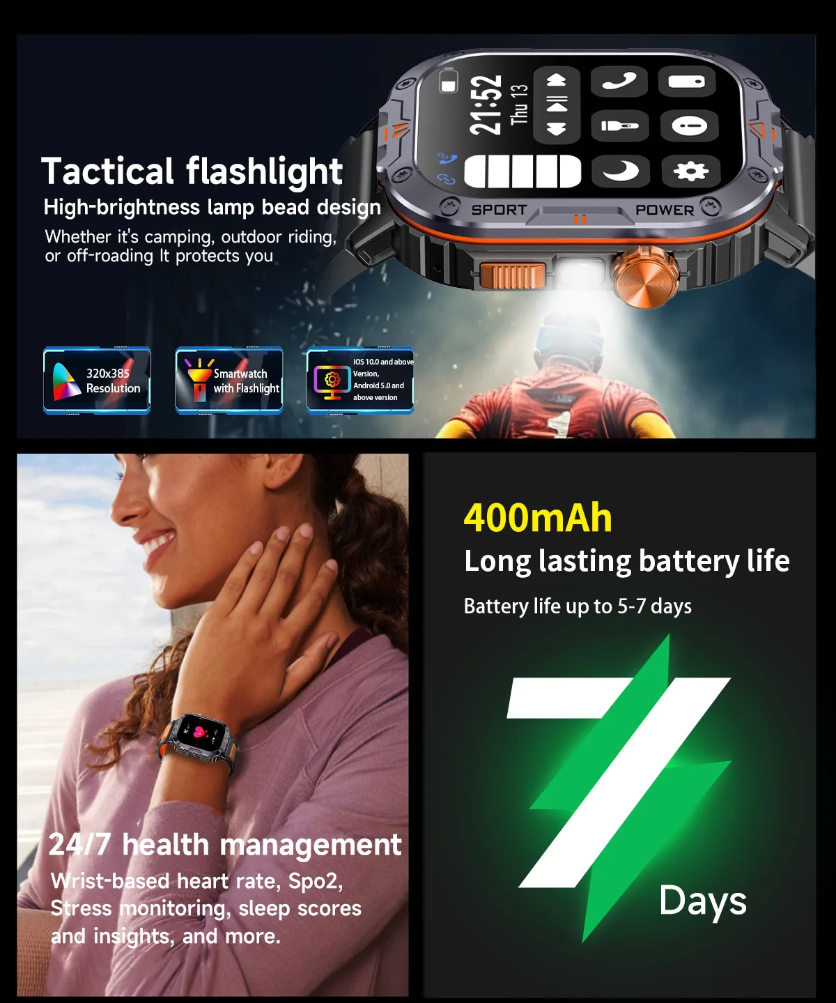 Montre connectée NX20 avec grand écran 2 pouces, lecture de musique locale, lampe torche, Bluetooth, appels IA et commande vocale, idéale pour les hommes et les activités de plein air._voghion.com