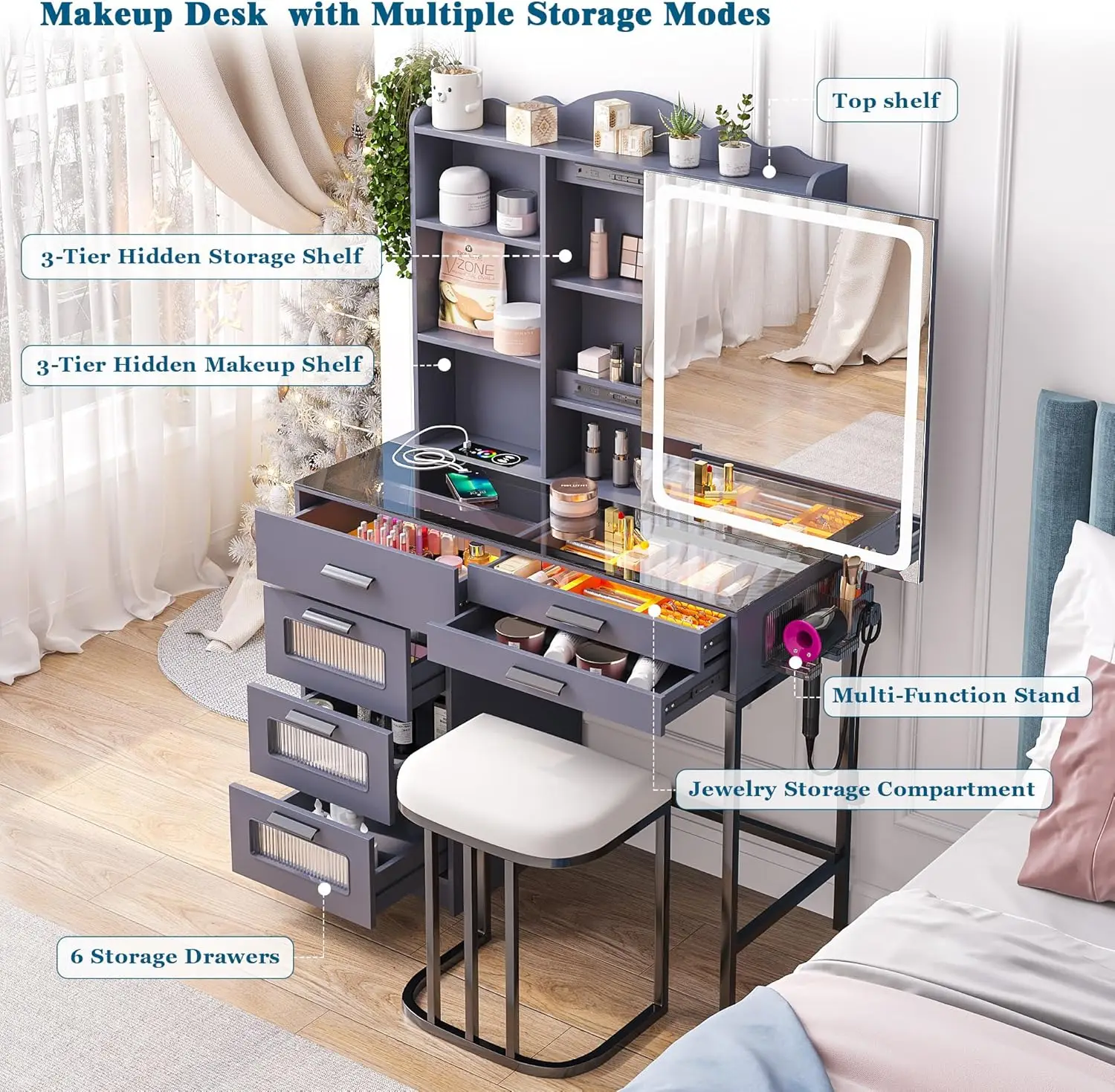 RGB Vanity Desk with Sliding Mirror and Lights, LED Makeup Vanity with Charging Station/Motion Sensor Light, Glass Top Vanities