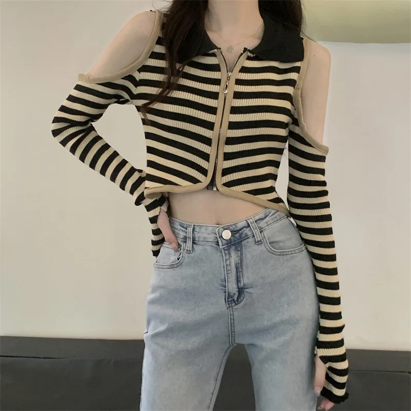 Women Striped Knitted Cropped Sweater Pullover