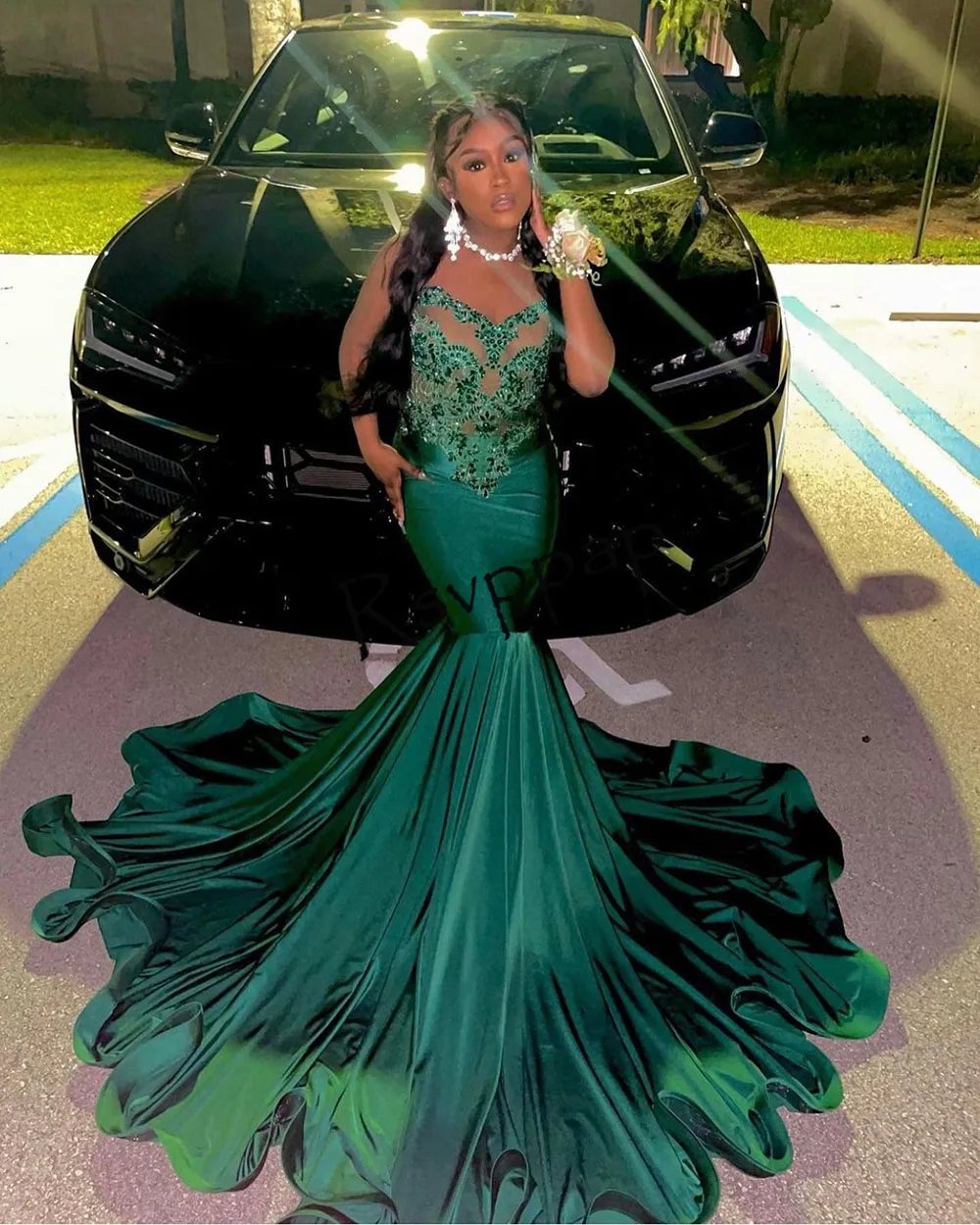 Slinky Green Mermaid African Black Girls Long Prom Dresses 2023 Elegante Ricamo Con Perline Sheer Top Stretch Satin Party Gowns