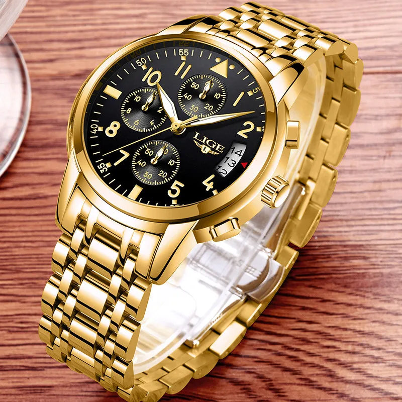 LIGE Watches For Men Golden Luxury Original Classic Quartz Clock