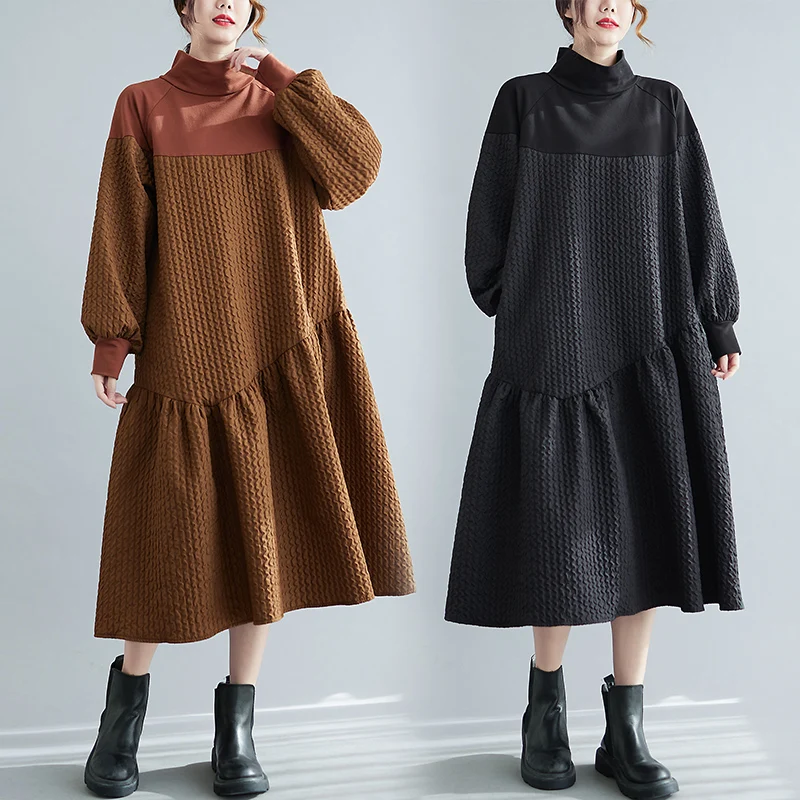 

#4047 Autumn Winter Turtleneck Sweatshirt Dress Women Long Sleeve Warm Split Joint Asymmetrical A-line Dress Ladies Warm Loose