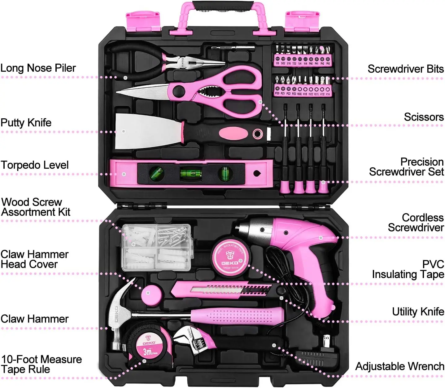 Pink 98 Piece Household Tool Set with Plastic Storage Case
