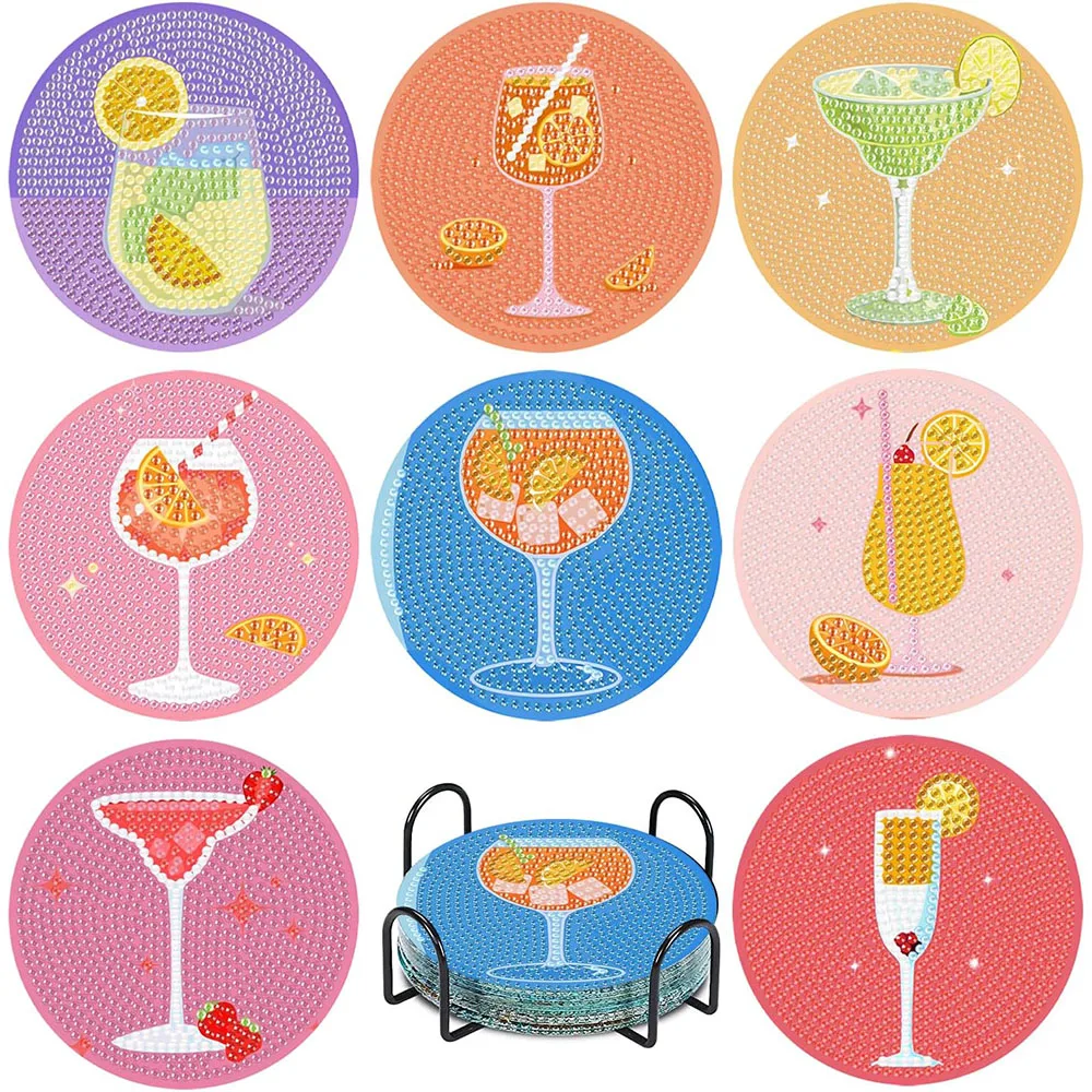 8PCS Retro Diamond Painting Coaster Kits Vintage Cocktail Diamond Art Coasters with Holder 5D DIY Full Drill Art Kits