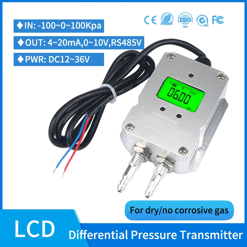 

LCD Air Pressure Sensor Digital Wind Differential Pressure Transmitter 4-20mA Out Sensor -50-0-50Kpa Gas Pressure Transmitter