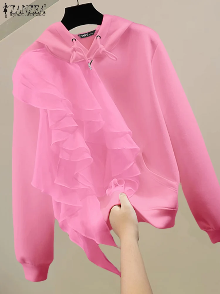 ZANZEA Simple Hooded Collar Jumper Women Ruffled Edge Sweatshirts 2024 Autumn Solid Pullovers Korean Style Long Sleeve Hoodies 3