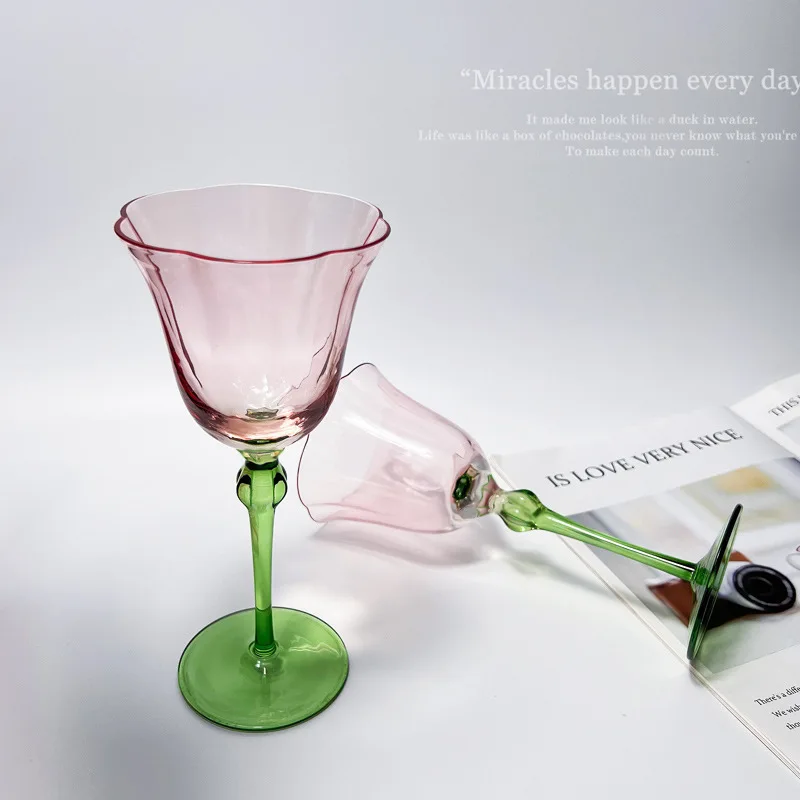 1 Piece Vintage Goblet 320ml Elegant Pink Flower Style Green Stem Two Tone Glass Goblet Red Wine Champagne Glasses Cup