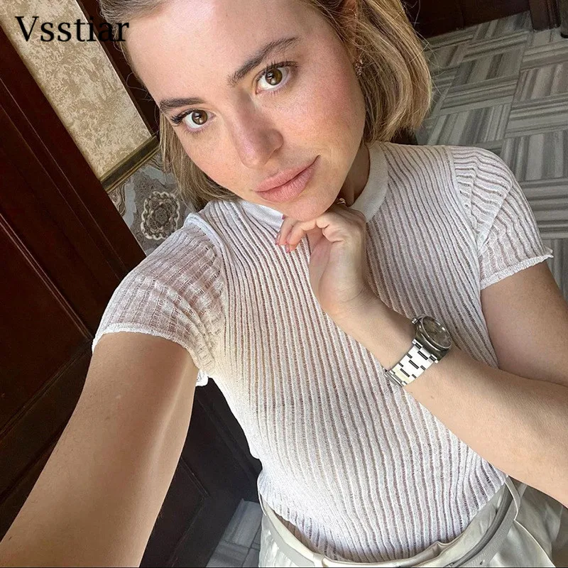

Vsstiar Short Sleeve O Neck Women T Shirts Sexy See Through Hollow Out Knitted Crop Top Elegant Solid Casual Tees Clothes