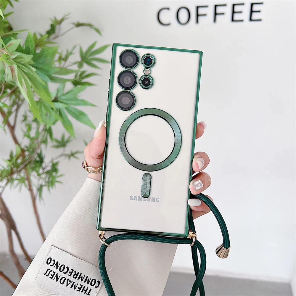 Magnetic Clear Plating Crossbody Necklace Lanyard Case with Lens Glass Cover