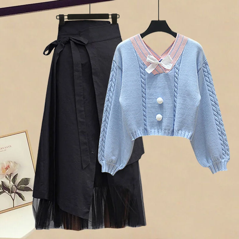 Ruffled printed shirt and skirt ladylike two-piece suit