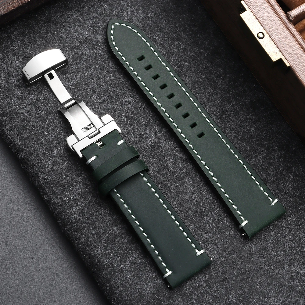 Elegant Butterfly Buckle Genuine Calfskin Leather Watch Strap - Black and Brown Options