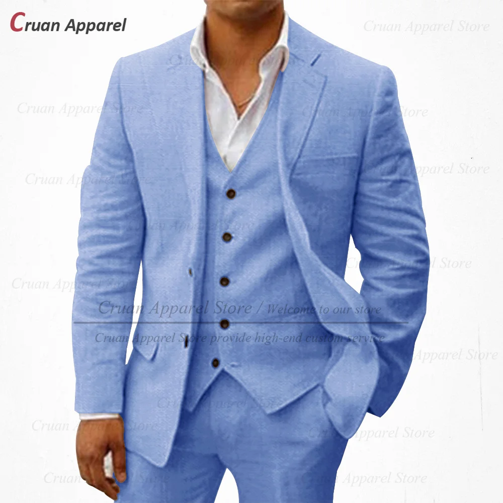 Men's Linen Suits Set Classic Beach Wedding Summer Business Jacket Vest Pants 20 Colors