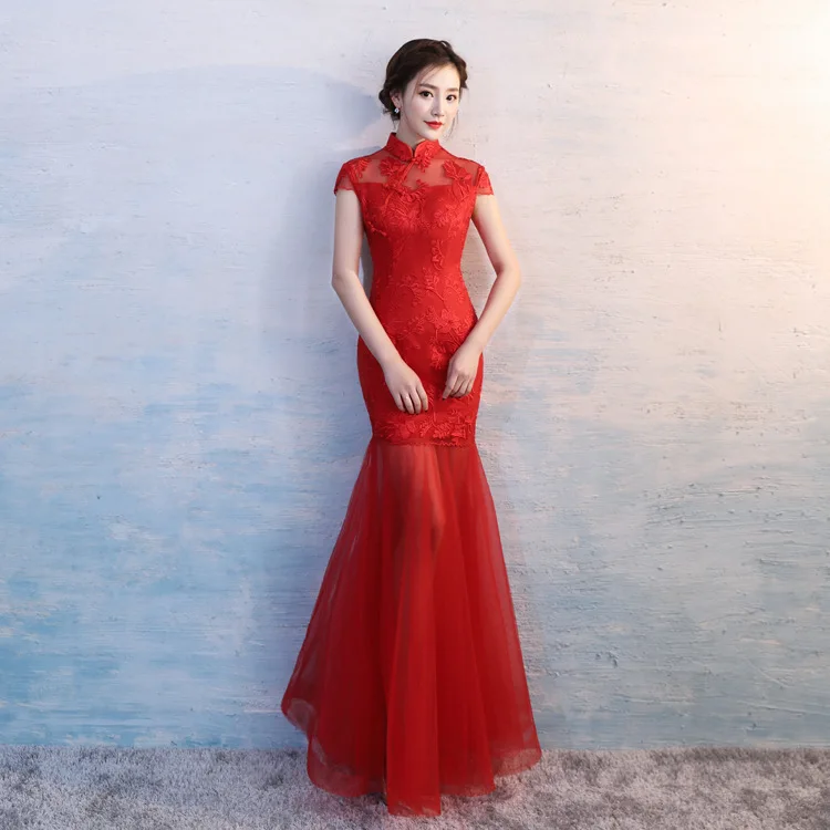 Elegant Female Chinese Classic Cheongsam Traditional Evening Party Dress Sexy Slim Long Qipao Large Size 3XL Lace Vestidos
