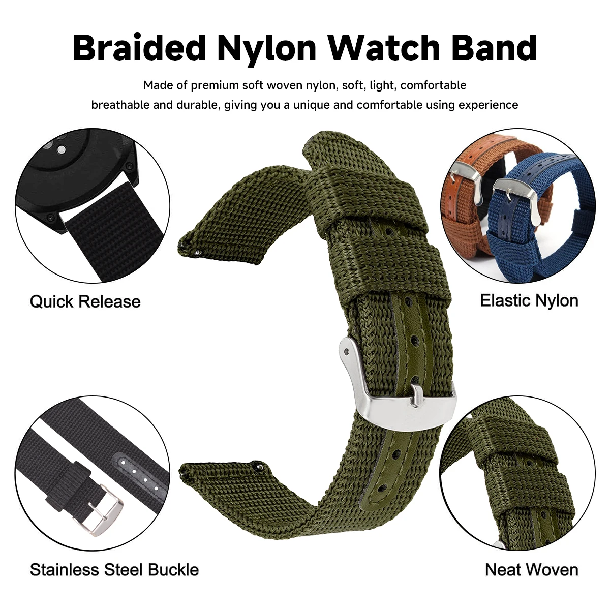 Stylish Nylon Braided Bracelet Strap, Adjustable 18-24mm