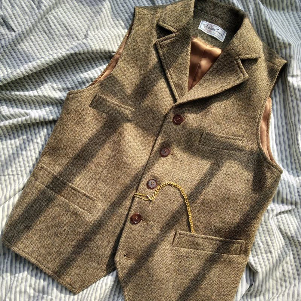 

Brown Men Suit Vests Black Waistcoat Vest Man Steampunk Jacket Striped Tweed V-neck Slim Fit Gilet Homme Wedding Clothing