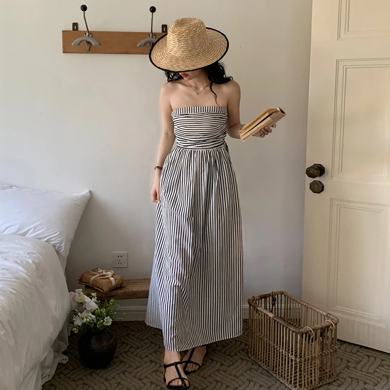 

Women Sexy Strapless Dress Striped A-Line Maxi Dresses Female Summer Fashion Vacation Long Vestidos Lady Soft Frocks