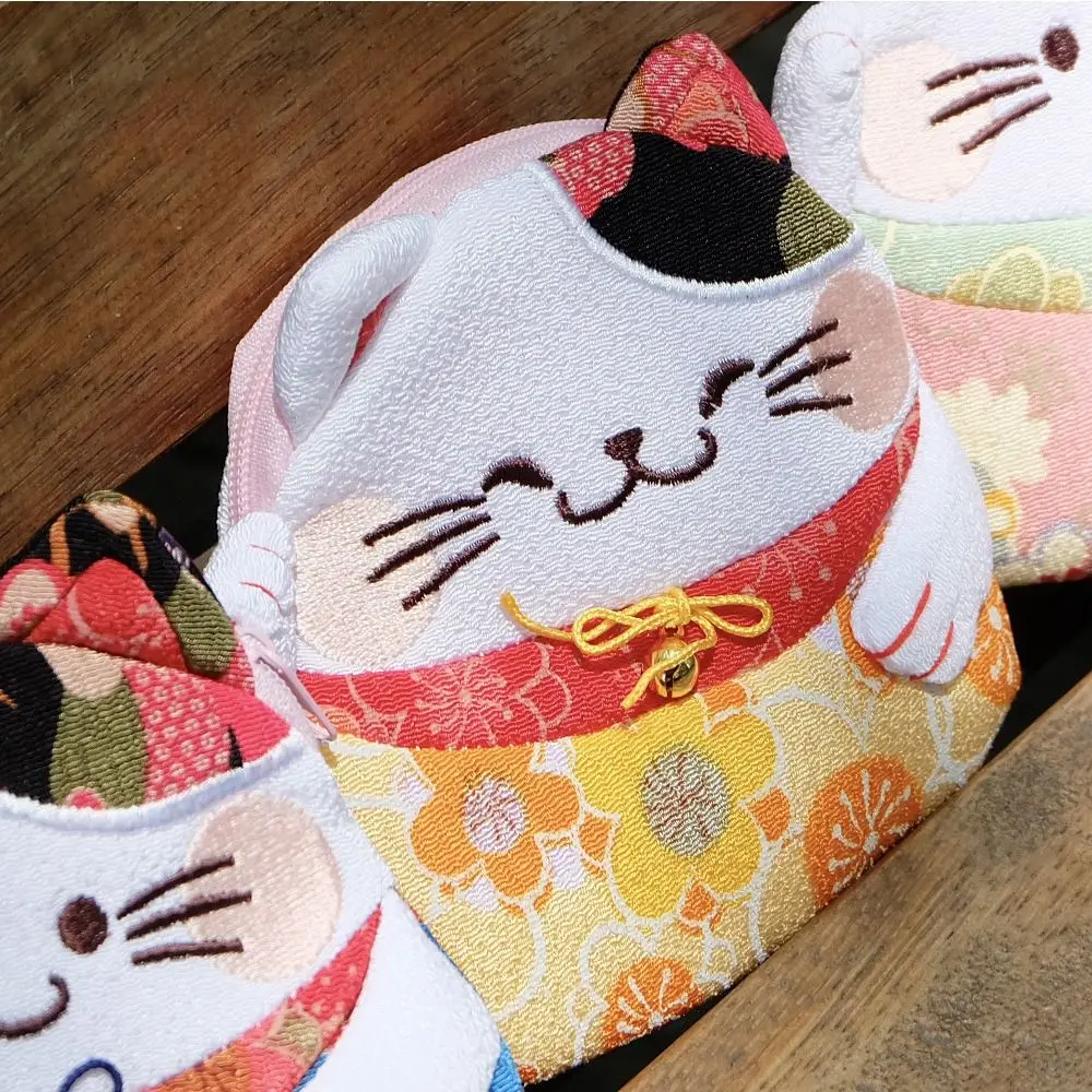 Retro Japanese Style Maneki Neko Coin Purse Zipper Flower Printing Lucky Cat Clutch Bag Storage Bag PU Card Holder Women