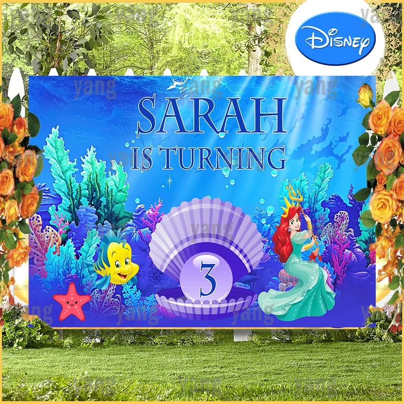 Bella Principessa Sirenetta Ariel Ragazze Baby Happy Birthday Party Disney Custom Blue Deep Sea Sfondo Fotografia Sfondo