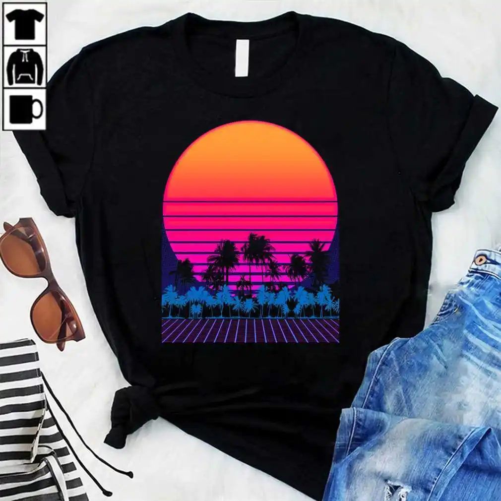 Anni '80 Vaporwave Retro Palm Trees Sunset Essential T Shirt Maniche Lunghe O Corte