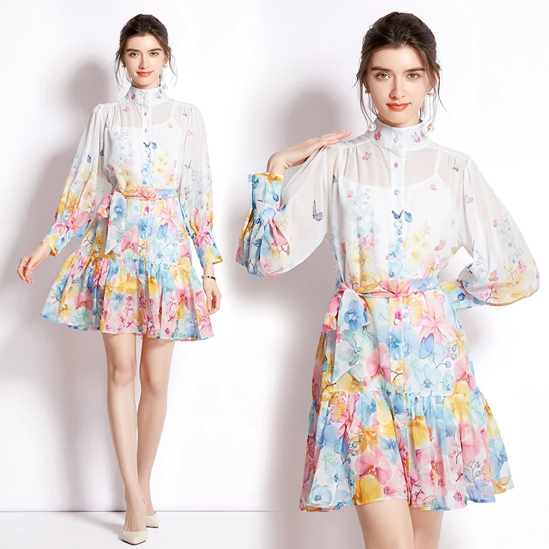 

- 2022 spring and summer vacation collar printing brief paragraph lantern sleeve mini dress