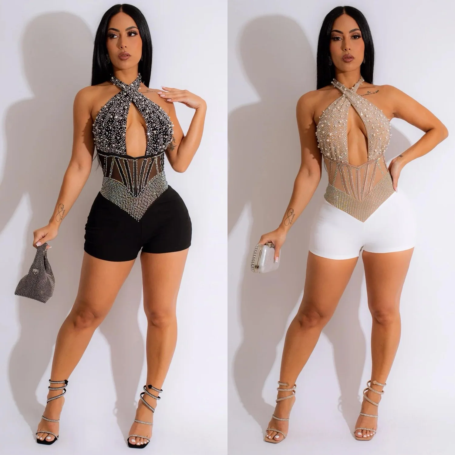 Sexy Nightclub Party Party Club Prom Sexy Hot Rhinestone Studded Hanging Neck Jumpsuit
