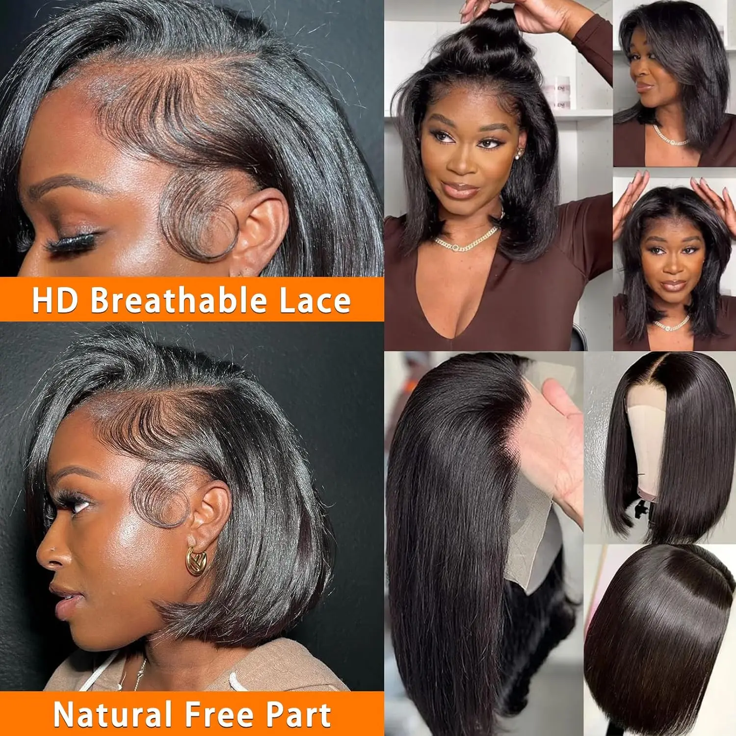 Parrucca Bob in Capelli Umani 13x4 Frontal Lace Lisci Corti, Parrucca Nera Senza Colla Pre-Rifinita con Frontale in Pizzo HD per Donne - immagine 5