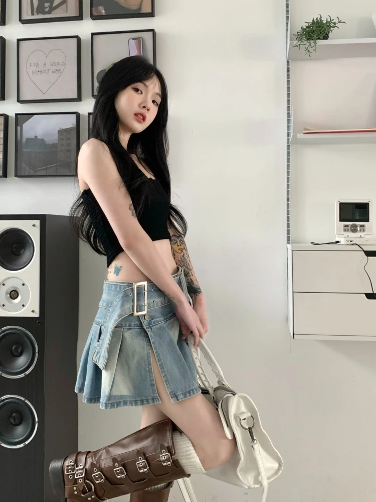 Light blue denim bustier female summer large size loose open pleated skirt Korean version of the A-line short skirt y2k skirt clothing for winter jacket coat women short loose the new korean version college style thicken draw back cotton