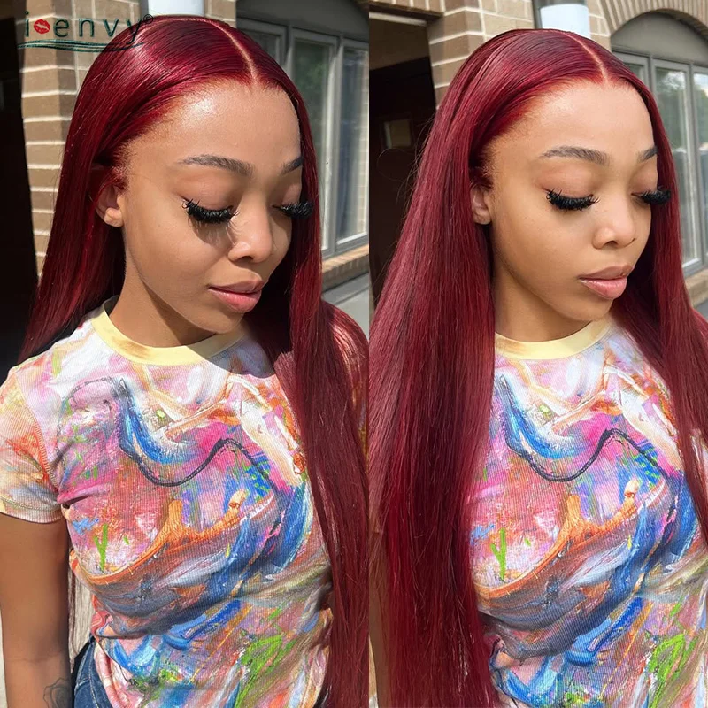 본 스트레이트 인모 가발 버건디 99J 34인치 13X6 13X4 레이스 프론트 가발 베이비 헤어 포함 180% 밀도 컬러 레이스 프론탈 가발