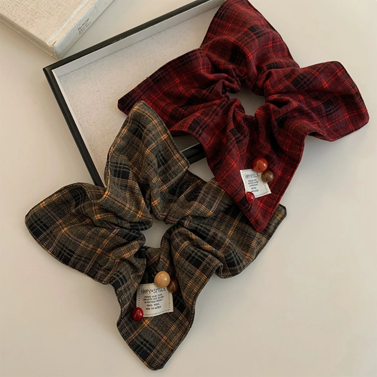 1PC Plaid Scrunchies Set: Vintage - Style Hair Accessories With Cute Beads, Soft Fabric, Perfect For Daily Wear, Gifts For Her