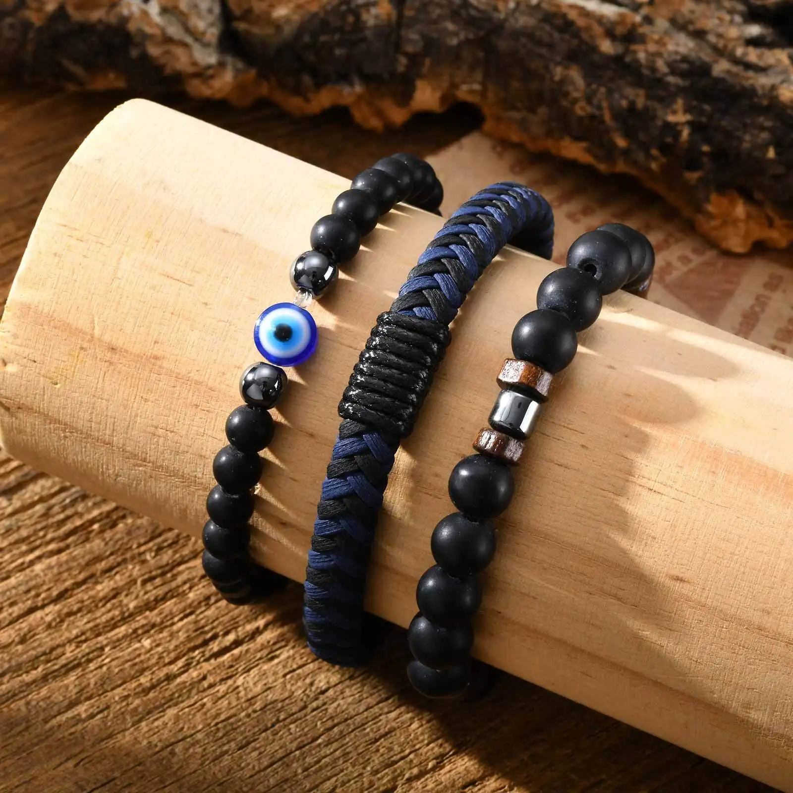 3pcs Devid Eye Beaded Bracelet for Men,Black Color Layers Leather Wristband,Birthday Anniversary Gift