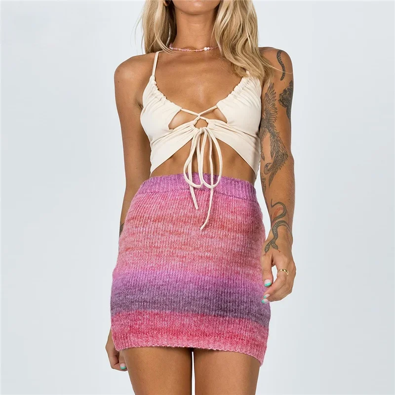 Tie Dye Knitted Mini Skirt Red Summer Sexy Beach Party Wear Sweater Dress Short Bodycon Bottom Y2k Harajuku Fashion 2022 New