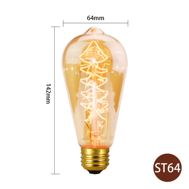 Retro Edison Light Bulb E27 220V 40W A19 A60 T10 T45 T185 ST64 G80 G95 Filament Vintage Ampoule Incandescent Bulb Edison Lamp ST64 spiral