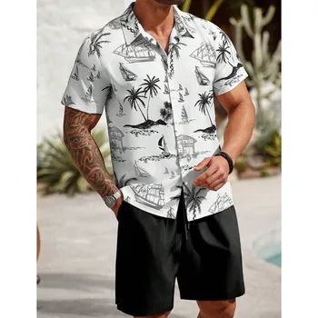 Summer Casual Men's Shirt And Beach Shorts Set Hawaiian Style Palm Tree Printed Men's Short-sleeved Shirt Seaside Vacation Short