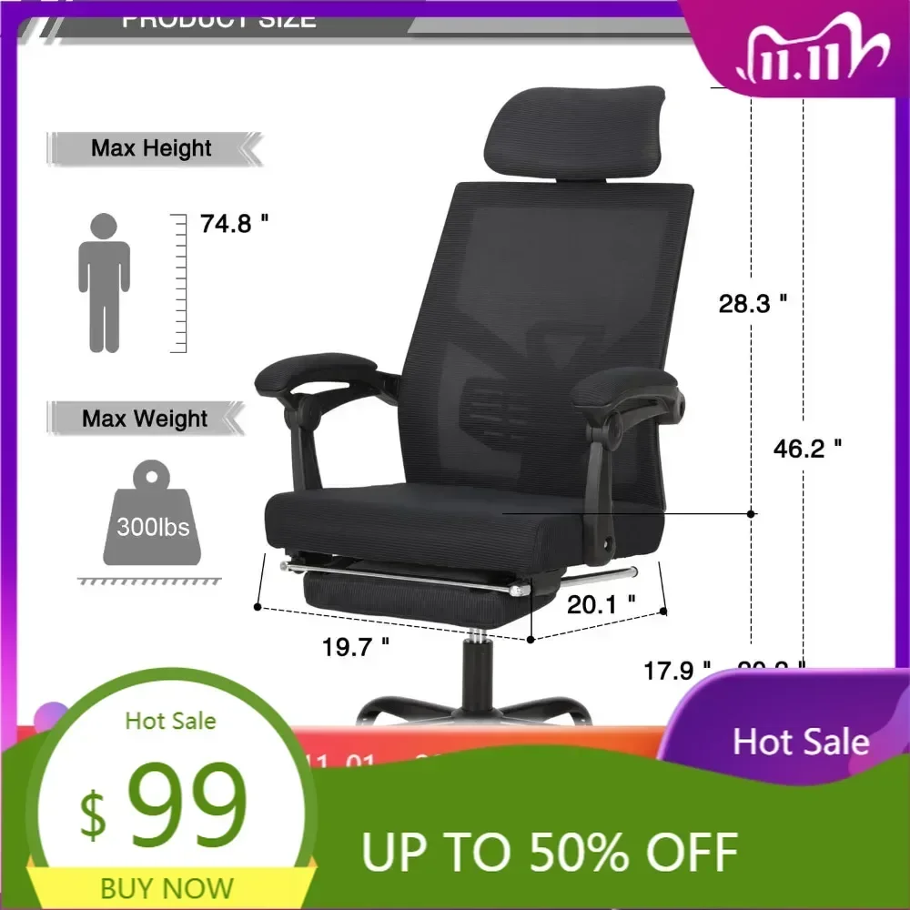 ergonomic mesh office chair with footrest, home desk chair featuring adjustable headrest and backrest for 90-135 degrees, ideal