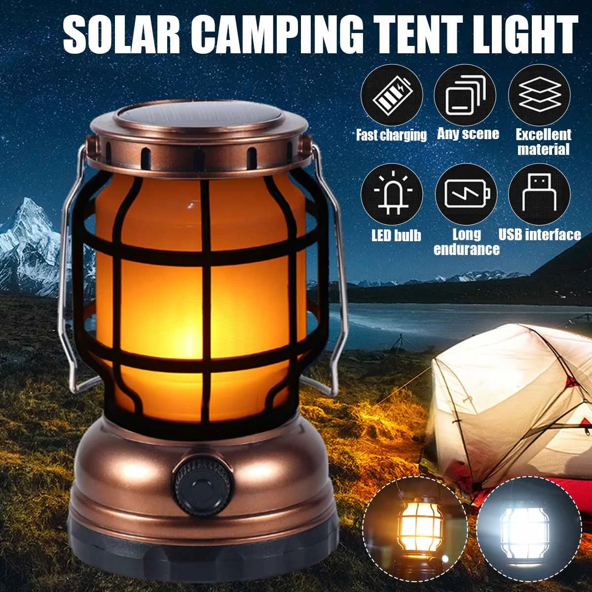 Solar Powered Retro Kerosene lamp Camping Light Flame Light Portable ...