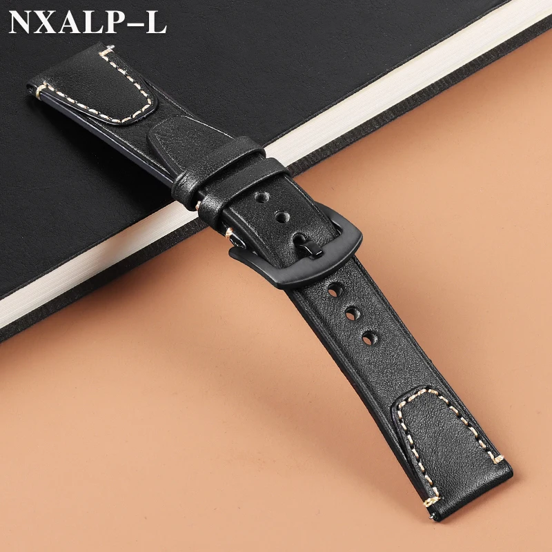 Vintage Genuine Leather Watch Band with Stitching - Retro Cowhide Quick Release Strap