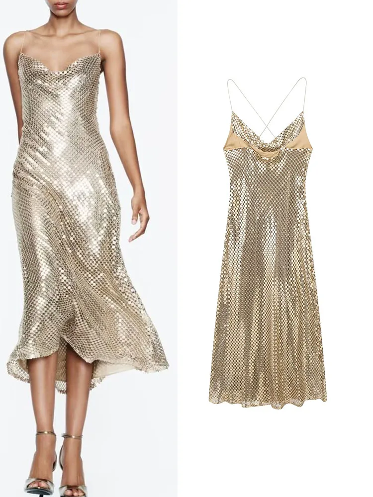 

TRAF Sequin Off Shoulder Women's Dress Elegant Sexy Mesh Bodycon Spaghetti Strap Dress Women Luxury Fashion Evening Club Dress