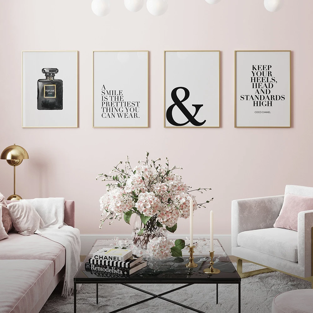 Canvas Wall Art Glam Perfume Chanel Pictures Wall Decor Pink Flowers And  Gold Canvas Wall Art Girl Home Decor For Bedroom Wall Bathroom Set Room  Decor