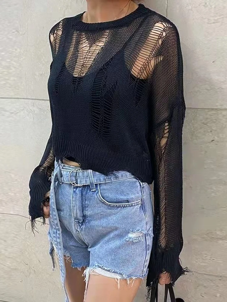 

Black Gothic Thin Women Pullover Loose Sweater 2021 Lady Hollow Out Hole Broken Streetwear 2 Pieces Split Knit Short Top Suits