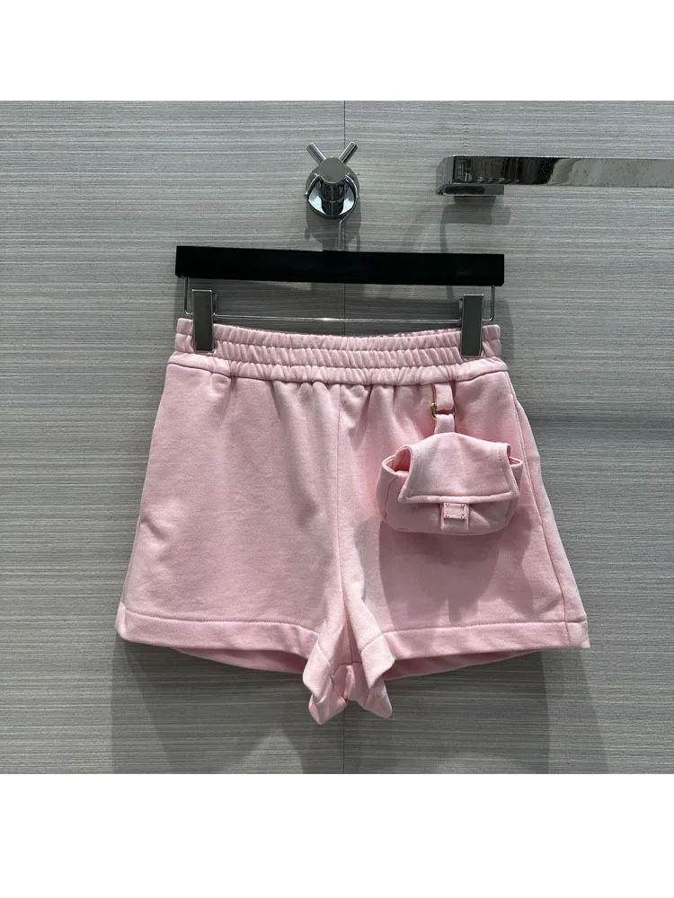 

Women New Fashion small bag Decortaion Shorts Elastic waist High waist Straight Shorts Vintage Female Shorts For Girls