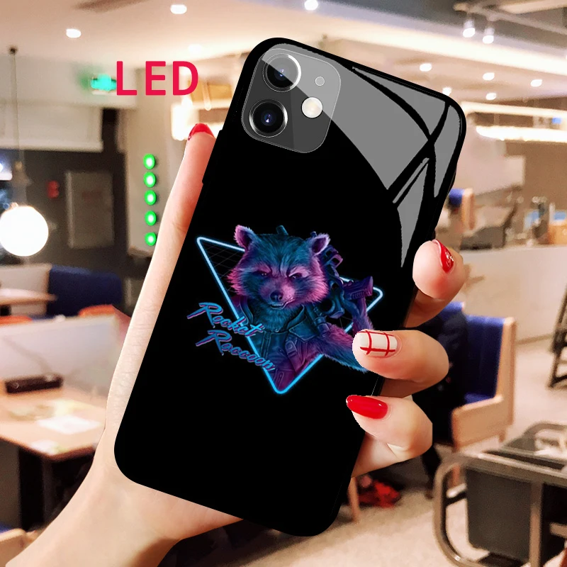 Luminous Tempered Glass phone case For Apple iphone 12 11 Pro Max XS mini Rocket Raccoon Advanced sense RGB LED Backlight cover for iphone 12 pro 6 1 inch gradient soft touch tpu phone case glitter design precise cutout back cover dark green