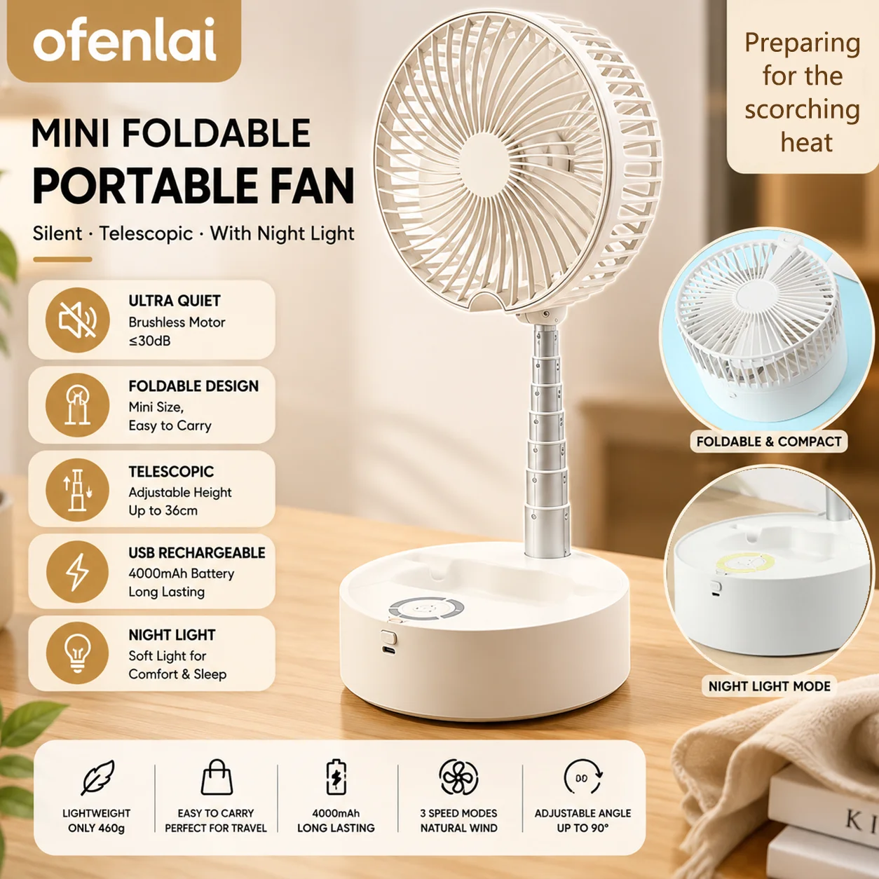OFENLAI Faltbarer tragbarer Ventilator mit Nachtlicht, 7200 mAh, wiederaufladbar über USB, leiser Mini-Ventilator für Schlafzimmer, Büro, Reisen