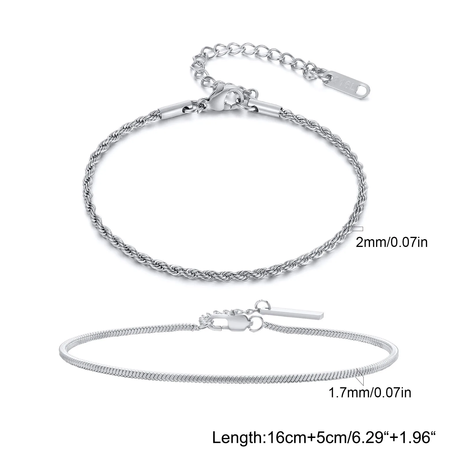 Vnox 2 pezzi/set braccialetti a catena da uomo, bracciale a catena con corda intrecciata regolabile da 16 cm-21 cm, bracciale a maglie a serpente in acciaio da 21 cm-24 cm 6