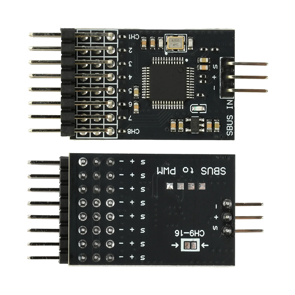 Module de conversion SBUS vers PWM 8 canaux monté sur un drone, montrant les branchements des canaux