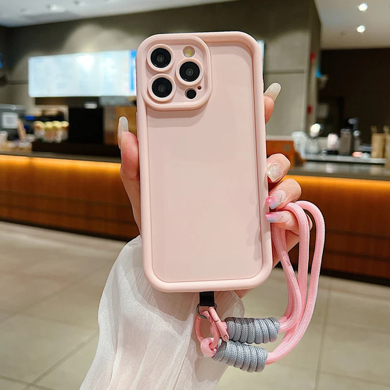 thumbnail image 1 of Funda de teléfono de lujo con cordón suave mate para iPhone 15, 14, 13, 12, 11, 16 Pro Max, X, XS Max, XR, 7, 8 Plus, correa de mano, funda a prueba de golpes, 1 of 5