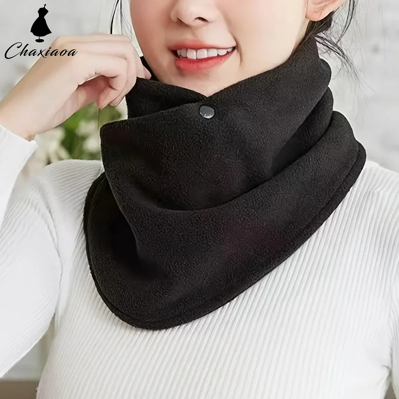 Double Button Fleece Scarf for Women and Men Solid Color Snap Neck Velvet Warm Neck Cover Cold Riding Windproof Scarf