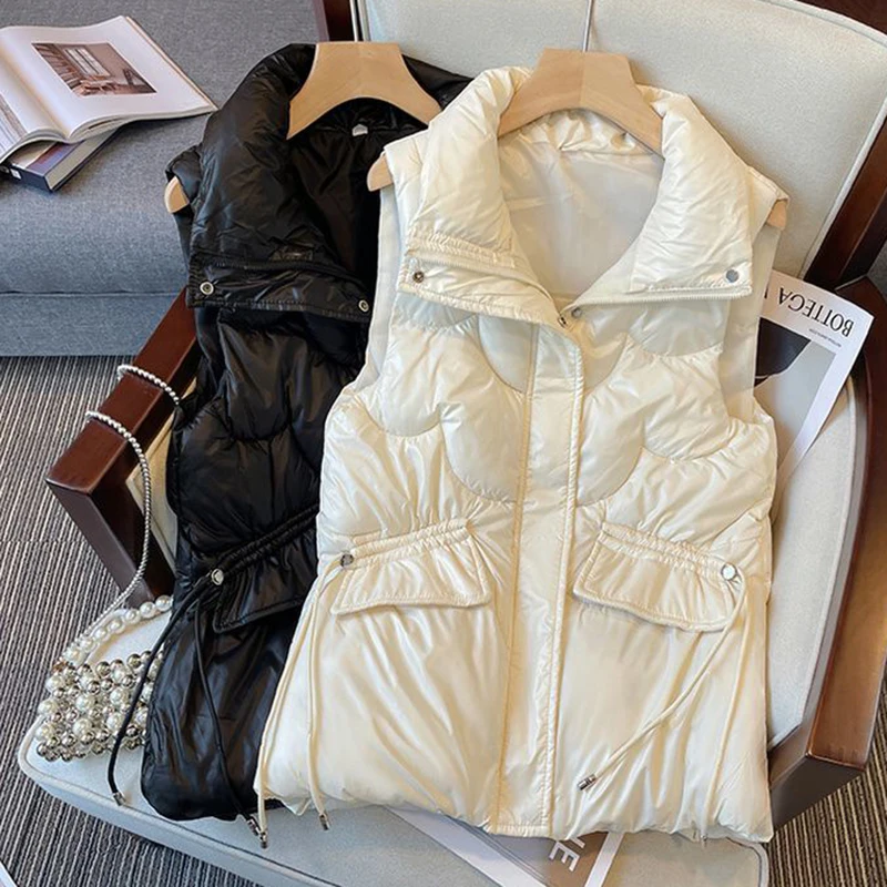 

New Autumn Winter No-Wash Bright Down Cotton Vest Women Short Waistcoat Sleeveless Jacket Female Loose Stand Collar Padded Vests