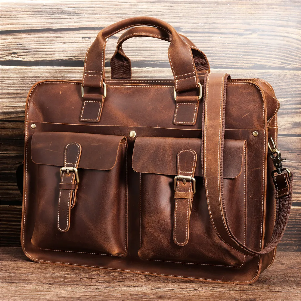 

Briefcase Genuine Leather Laptop Bag 15.6" PC Doctor Lawyer Computer Bag Cowhide Male Briefcase Cow Leather Men Bag