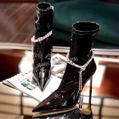 

Winter New Women Boots On Offer Black Glossy Leather Fur Warm Calf Booties Stiletto Crystal Fringe Bling Shoes Pointed Elegant