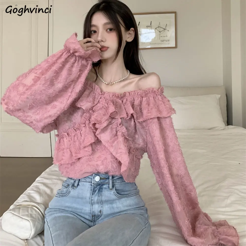 

Blouses Women Cropped Loose Ruffles Designed Aesthetic Vintage Sweet Slash Neck New Office Lady Chic Tops Popular Casual